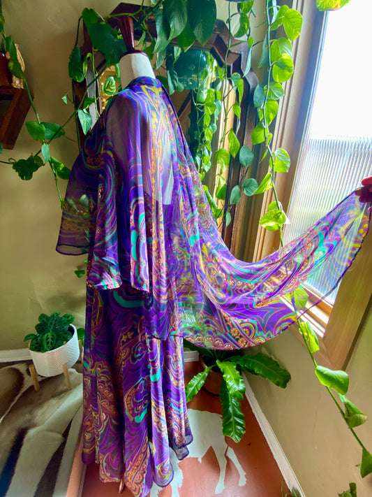 Vintage 1960s Deadstock Jack Bryan Dress Set, Halter Dress & Poncho | Peacock Colors | Size 12 XS-S