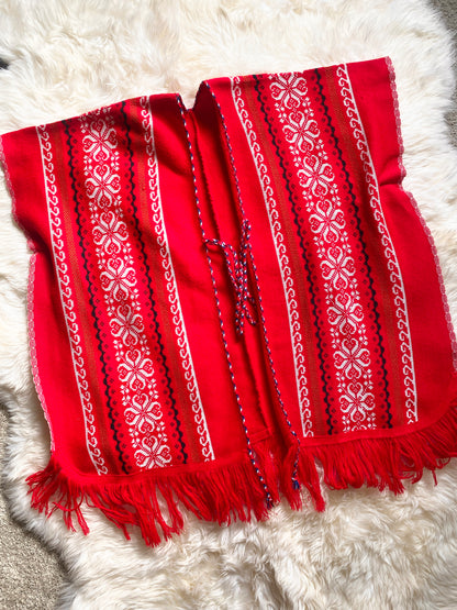 Vintage Southwest Poncho Knit Sweater w/ fringe | 1960s 1970s | Red White & Blue | OS