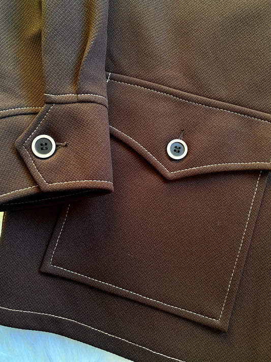 Vintage Mens Western Button-Down Shirt, 1970s, Brown Polyester, Lightweight with Front Patch Pockets