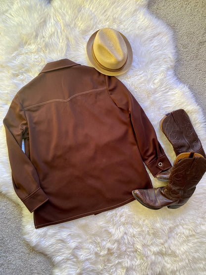 Vintage Mens Western Button-Down Shirt, 1970s, Brown Polyester, Lightweight with Front Patch Pockets