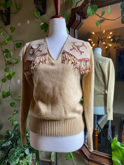 Vintage Western Knit Sweater | Suede Fringe & Beads | MILLER | Women’s M