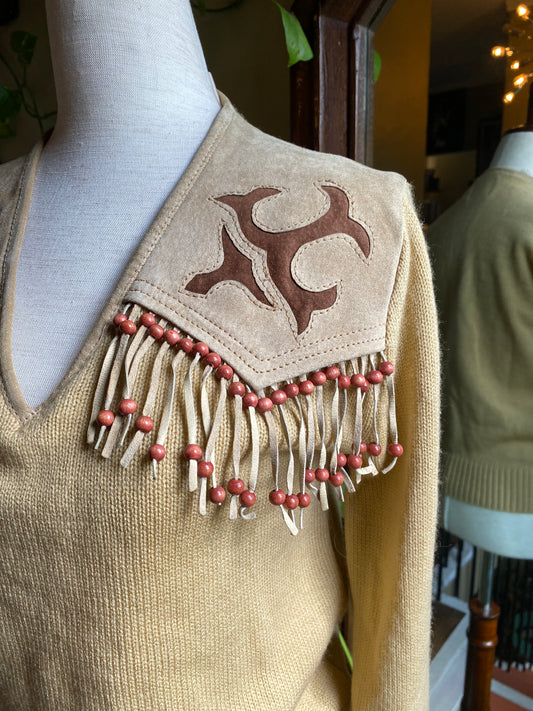 Vintage Western Knit Sweater | Suede Fringe & Beads | MILLER | Women’s M