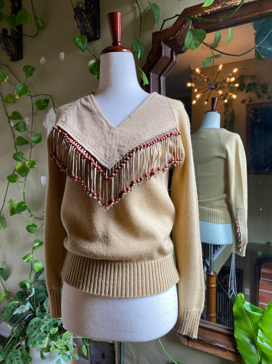 Vintage Western Sweater by Miller | Genuine Suede Yoke | Beaded Fringe | Tan & Red-Brown |  S