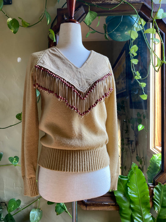Vintage Western Sweater by Miller | Genuine Suede Yoke | Beaded Fringe | Tan & Red-Brown |  S