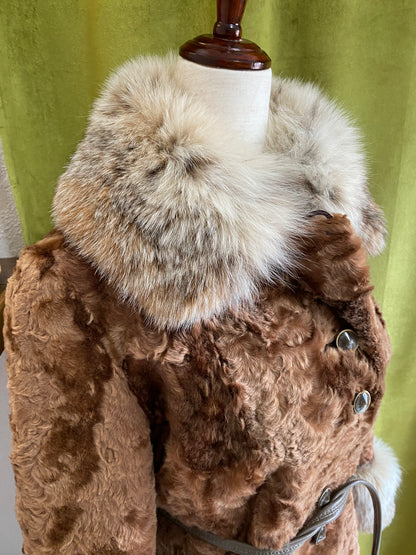 Vintage Curly Lamb Fur Coat w/ Ultra Plush Fox Fur Collar & Cuffs | Penny Lane | Buttons, Leather Belt, Fully Lined,  XS/S