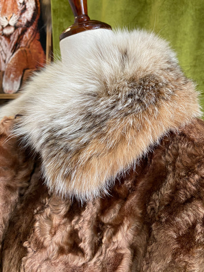 Vintage Curly Lamb Fur Coat w/ Ultra Plush Fox Fur Collar & Cuffs | Penny Lane | Buttons, Leather Belt, Fully Lined,  XS/S