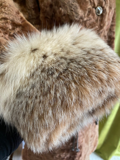 Vintage Curly Lamb Fur Coat w/ Ultra Plush Fox Fur Collar & Cuffs | Penny Lane | Buttons, Leather Belt, Fully Lined,  XS/S