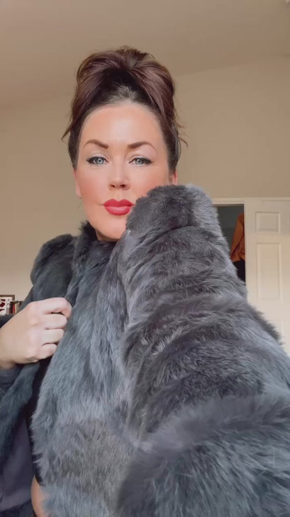 Vintage Gray Fur Coat | Genuine Rabbit Fur | 1980's waist-length, mock collar, shoulder pads, pockets, glam, formal | Womens XS-S